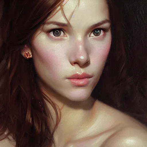 Prompt: Facial portrait of a cute girl, looking at the camera, slight awkward smile, lips slightly parted, no hands visible, elegant, intricate, extremely detailed painting by Greg Rutkowski and by Henry Justice Ford and by Steve Henderson