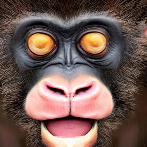 Image similar to a high detail closeup shot of a depressed monkey wearing a suit and smoking a cigar