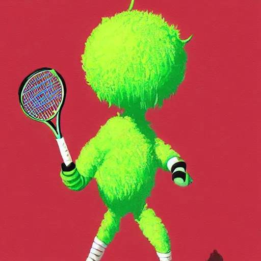 Image similar to a tennis ball monster wearing VR Google playing virtual tennis, digital art, fantasy, magic, trending on artstation, ultra detailed, professional illustration by Basil Gogos