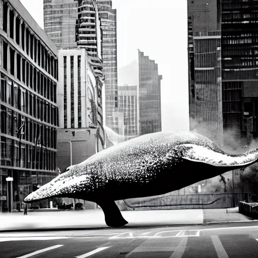 Prompt: a gigantic whale in the middle of the city, black and white photo, fim grain