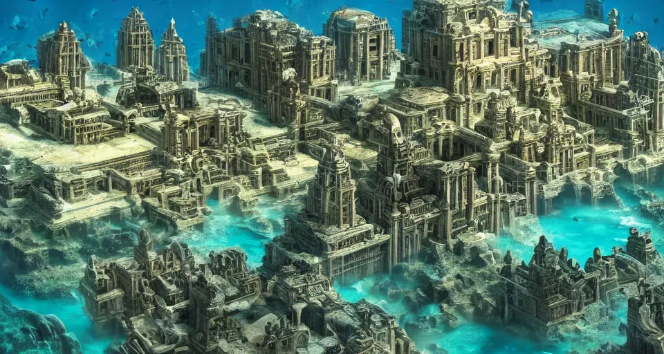 Image similar to a magnificent photo of the lost city of Atlantis, underwater, landscape, fully built buildings, hyper detailed, 4K