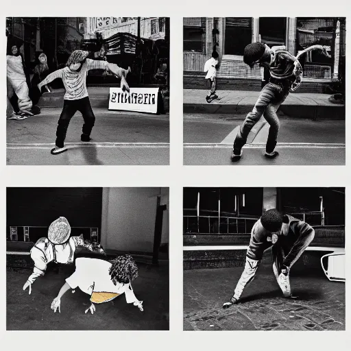 Prompt: four breakdancers battling in the bronx in 1984, by Andy Warhol, gritty, detailed, Moody lightning, trending on artstation