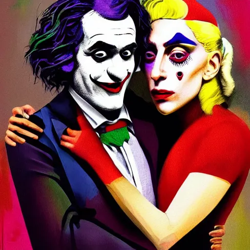 Image similar to ilya yefimovich repin and mimmo rottela and banksy as joaquin phoenix skinny joker, holding hand, lady gaga harley queen, ultra photorealistic, intricate details, pop art style, concept art, confident posse, object super details, 2 colours, warm color, 4 k, ultra smooth, sharp focus