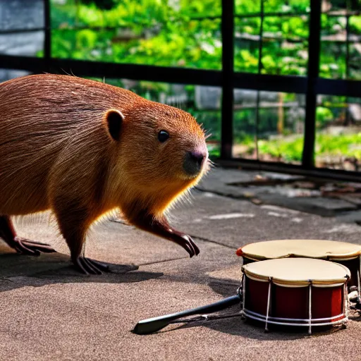 Prompt: high resolution photo of a capybara playing a jazz drum set, wide angle, 2 8 mm