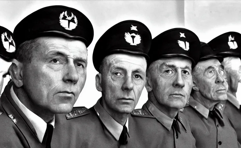 Image similar to 50s movie still close-up portrait of three individual elder soviet generals wearing general's cap with very diverses faces in a stalinist style hall, by Irving Penn, Cinestill 800t 50mm black and white, heavy grainy picture, very detailed, high quality, 4k, HD criterion, precise texture, facial precision, diverse haircuts, diverse ages, different expression