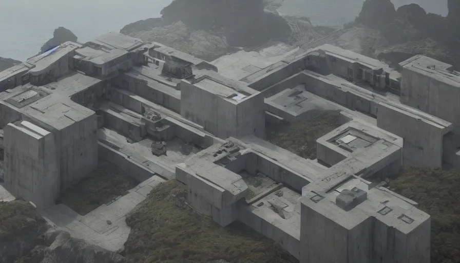 Image similar to big brutalist imperial military base on cliffs, drawing architecture, very long shot, top angle, imperial architecture in rogue one, pritzker architecture prize, brutalism architecture, jan urschel, roger deakins, greig fraser