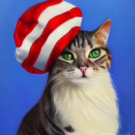 Image similar to A cat wearing a beret with the American flag on it, oil Painting, ultradetailed, artstation