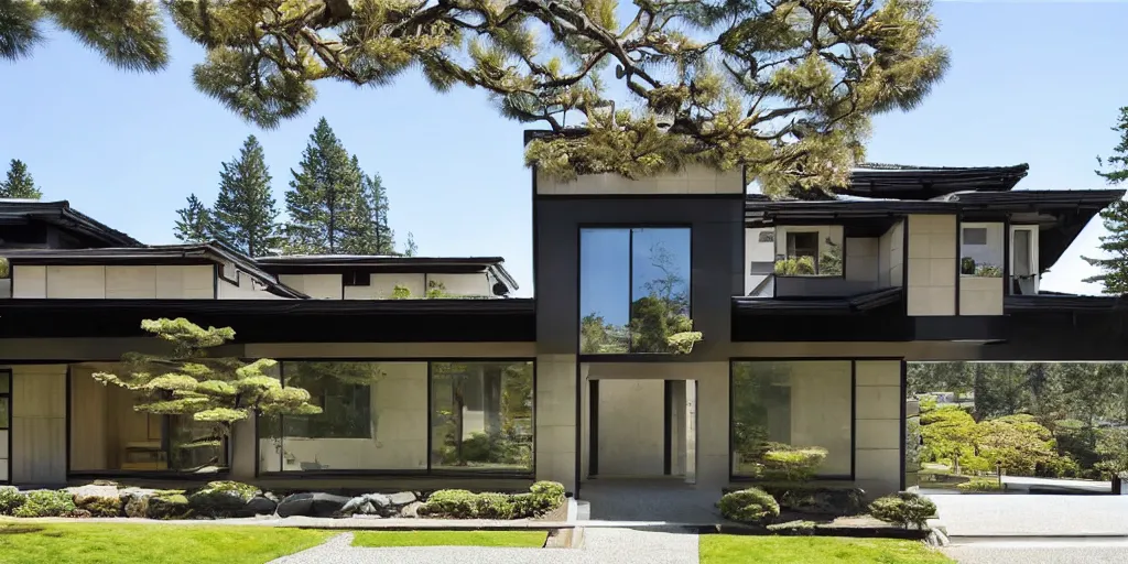 Prompt: large modern residence, pacific northwest japanese style, flared japanese black tile roof, many large windows, elegant