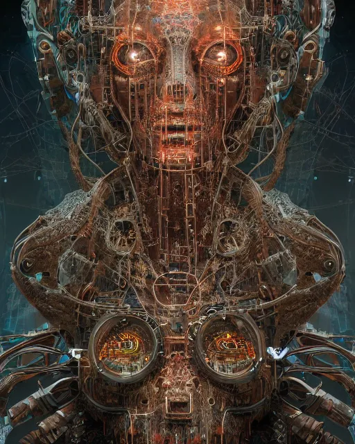 Image similar to timeless cybernetic deity with circuitry skin and networked mind tripping on acid, intricate detail, royo, whealan, giger, klimt, hd, octane render, unreal engine,