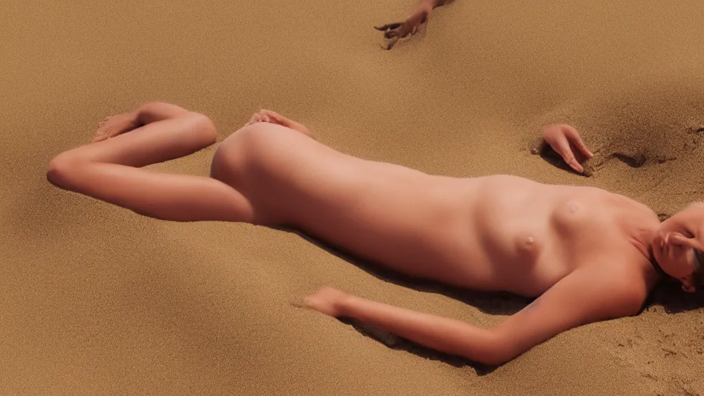 Prompt: a woman laying supine on sand dunes, in the style of jim warren, surreal, intricate, accurate facial details, volumetric lighting