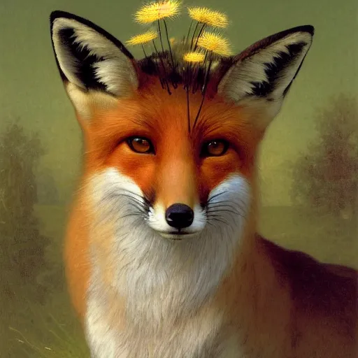 Image similar to A portrait of a fox wearing a hat full of dandelions, by Robert Cleminson and William-Adolphe Bouguereau