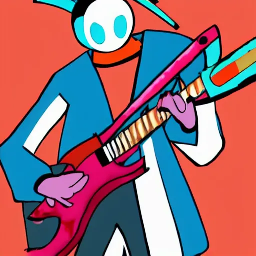 Prompt: Samurai robot guitarist from FLCL anime. City backdrop. Vibrant colors.