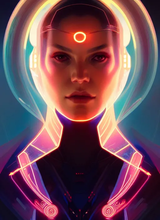 Image similar to symmetry portrait of lana parilla, sci - fi, tech wear, glowing lights intricate, elegant, highly detailed, digital painting, artstation, concept art, smooth, sharp focus, illustration, art by artgerm and greg rutkowski and alphonse mucha