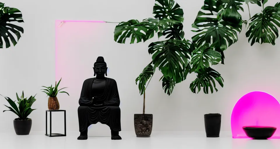 Prompt: Large format landscape of a black buddha sitting on a plastic chair, in a white exhibition space next to a neon pink light and a tropical plant, medium format camera, 85mm f1.8, bokeh, sharp focus, detailed, centered, interior design photoshoot,