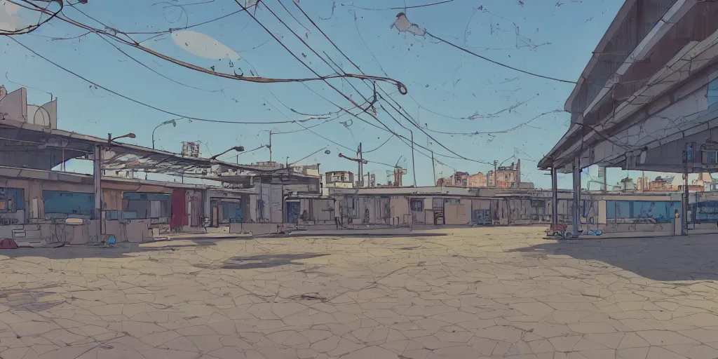 Prompt: an old and abadoned israeli bus station in tel aviv, without people, noon, sunlights, wide shot, digital art, ghibli style, makoto shinkai, flat colors