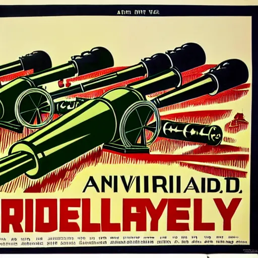 Image similar to propaganda poster featuring an extremely large number of artillery cannons, artillery, guns, awe inspiring, parallel lines, limited palette, ww 1