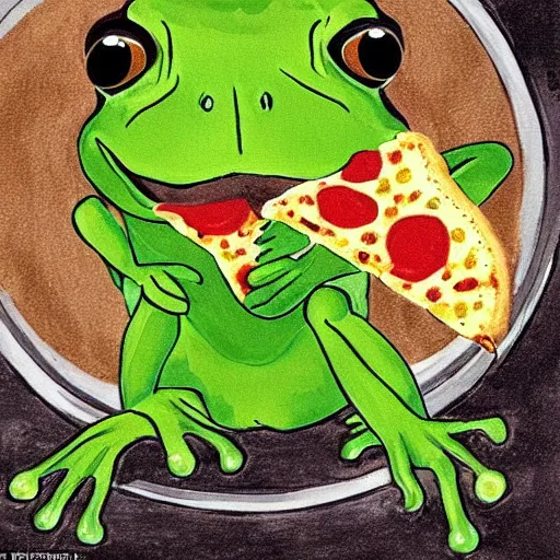 Image similar to artistic rendition of a bullfrog eating a pizza, trending, very award-winning, unmistakable, froggy