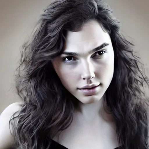 Prompt: a beautiful young girl who looks like gal gadot and rebecca fergueson portrait photo