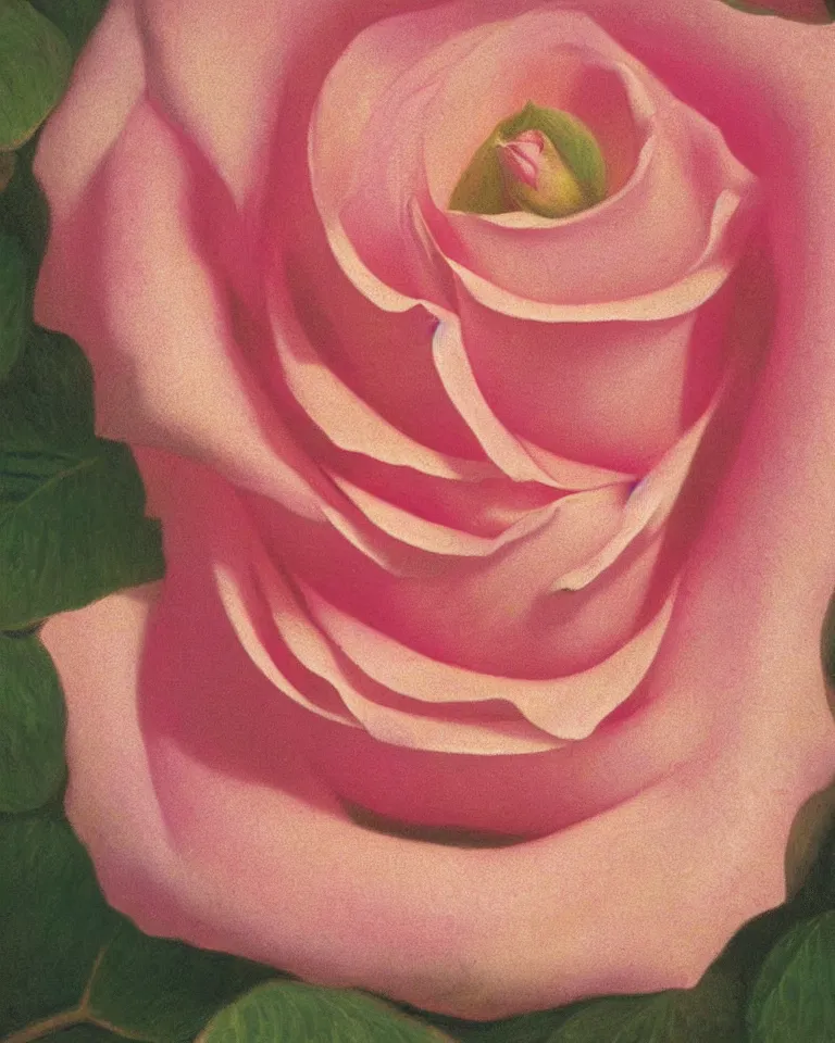 Prompt: achingly beautiful extreme close up painting of one blooming pink rose by rene magritte, monet, and turner. piranesi. macro lens, symmetry, circular.