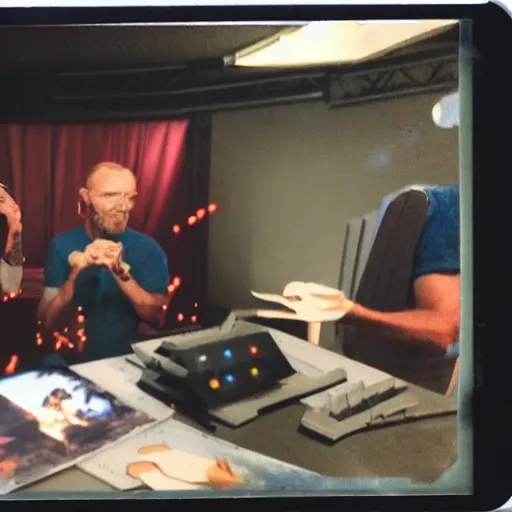 Prompt: Animators in studio animating the new sherek movie in stopmotion, polaroid photo, color photo