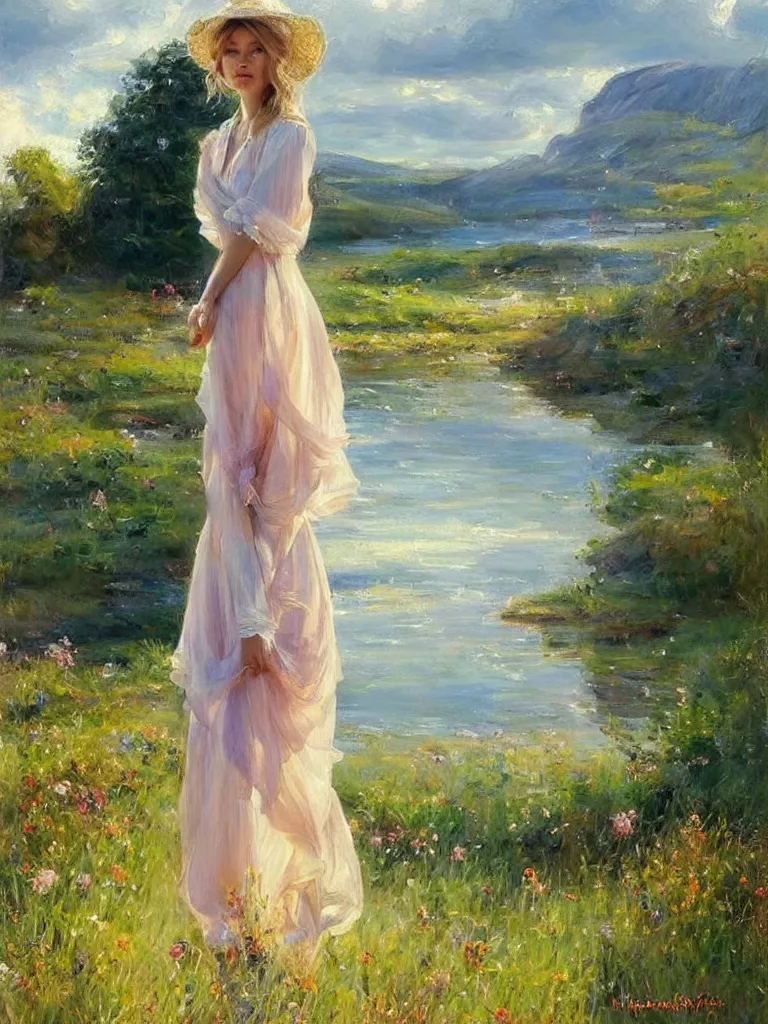 Image similar to blonde woman, dress, swedish countryside, archipelago, morning, masterpiece, highly detailed, beautiful, atmospheric, impressionism, painting by Vladimir Volegov