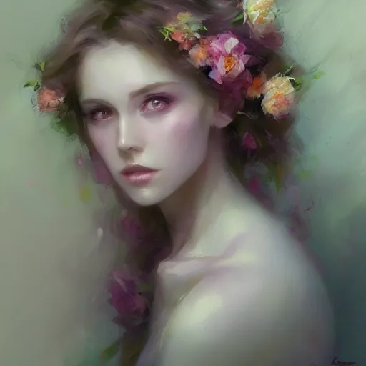 Image similar to beautiful woman, flowers, pastel colors, pearlescent, fantasy, featured on artstation, in the style of daniel gerhartz and krenz cushart, Alexis Franklin, Thomas River, WLOP, Artgerm