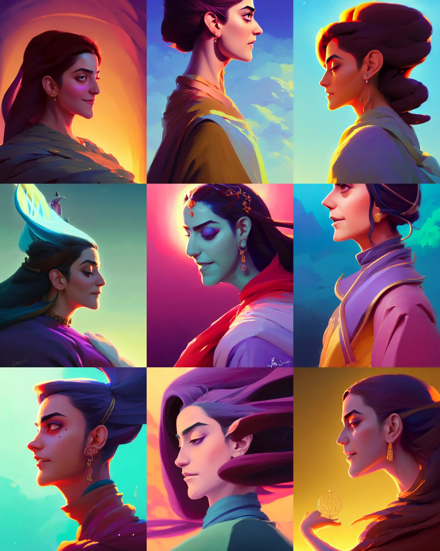Prompt: side - profile painted portrait, maya ali as a sorcerer, specular highlights, smooth, tarot, fantastically gaudy colors, octane render, matte painting concept art, official fanart behance hd artstation by jesper ejsing, by rhads and makoto shinkai and lois van baarle and ilya kuvshinov and rossdraws