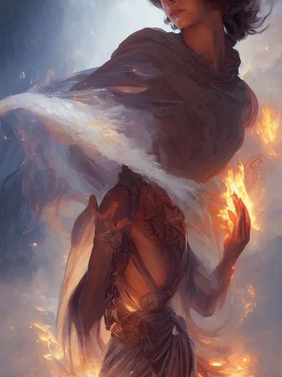 Image similar to young summoner with a fire elemental, fantasy, man, intricate, elegant, highly detailed, digital painting, artstation, concept art, wallpaper, smooth, sharp focus, illustration, art by artgerm and greg rutkowski and alphonse mucha