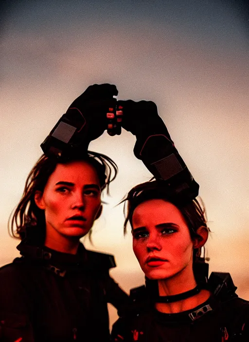 Image similar to cinestill 5 0 d photographic portrait of two sultry loving female androids wearing rugged black techwear on a desolate plain with a red sky, extreme closeup, cyberpunk style, garters, dust storm, 8 k, hd, high resolution, 3 5 mm, f / 3 2, ultra realistic faces, ex machina