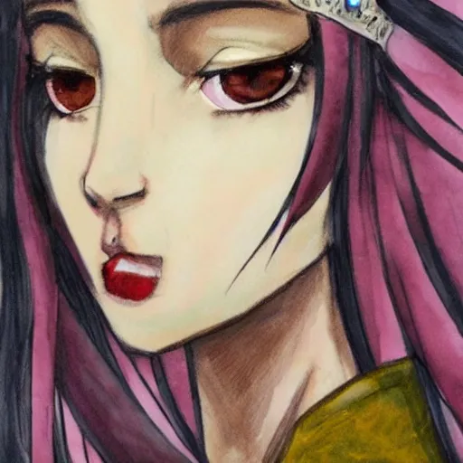 Prompt: a beautiful girl with long black hair pale sking and a crown on her head, art by victoria kalaichi