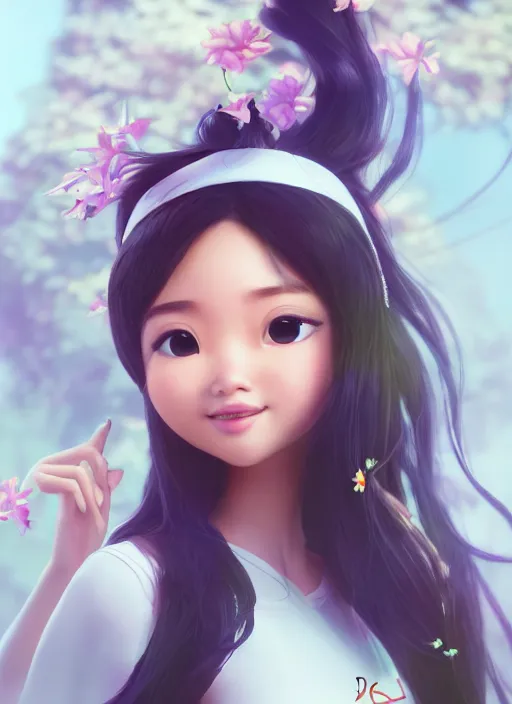 Image similar to a cute asian girl singing, flowing hair in the style of pixar animation, full body shot, viewed from bellow, award winning, hyper detailed, studio lighting, artstation, octane renderer, unreal engine