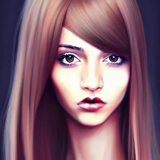 Image similar to attractive young woman, slim figure, perfect silky straight hair, smooth tan skin, dark circles under bemused eyes, hip emo fashion, pinterest, very interesting digital painting, beautiful portrait