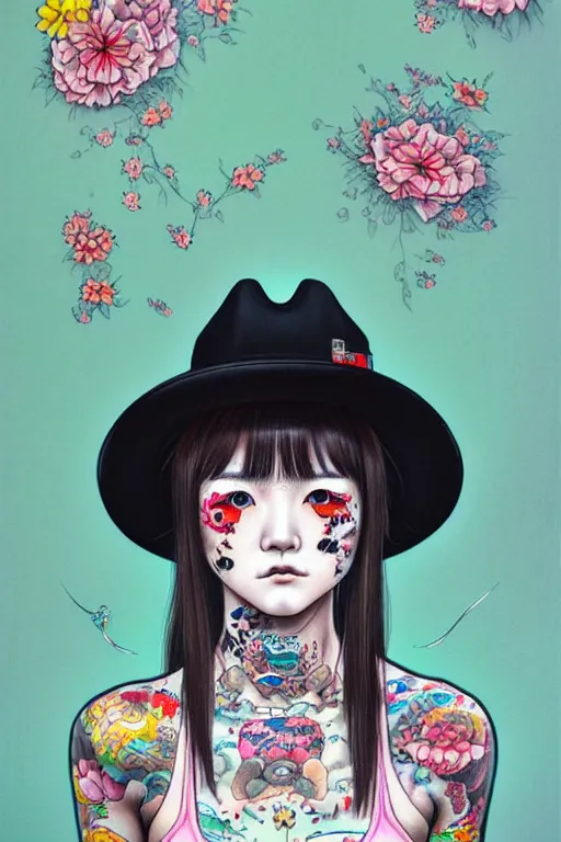 Prompt: full view of girl from taipei with tattoos, wearing a cowboy hat, style of yoshii chie and hikari shimoda and martine johanna, highly detailed
