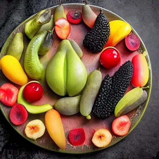 Prompt: alien fruits on a plate, fruits from a different planet, realistic, extraterrestrial