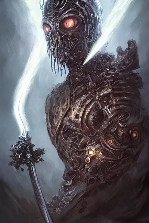 Prompt: Biomechanical Sword Imbued with the Power of Lightning, fantasy, magic, digital art, professional art by Seb McKinnon and WLOP and artgerm, illustration