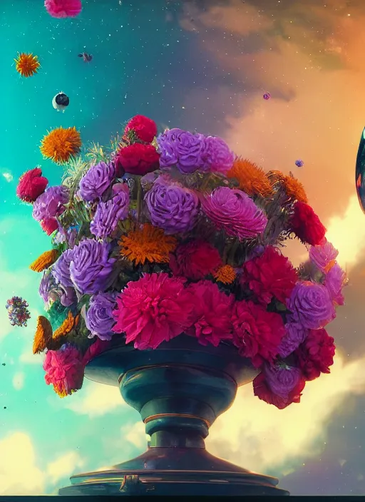 Image similar to An epic fantastic realism comic book style painting of the most beautiful flowers launched into space, bouquets, fisheye lens, unreal 5, DAZ, hyperrealistic, stars across the cosmos, octane render, dynamic lighting