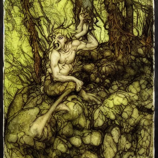 Prompt: a troll on a rock in a forest, dramatic lighting, fluid, smooth, bright, colours, very detailed, by briand froud and arthur rackham and john bauer