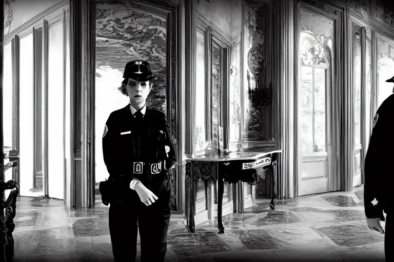 Image similar to cinematography closeup portrait of a woman cop in an decadent mansion foyer by Emmanuel Lubezki