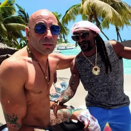 Image similar to joe rogan and snoop dogg chilling in aruba