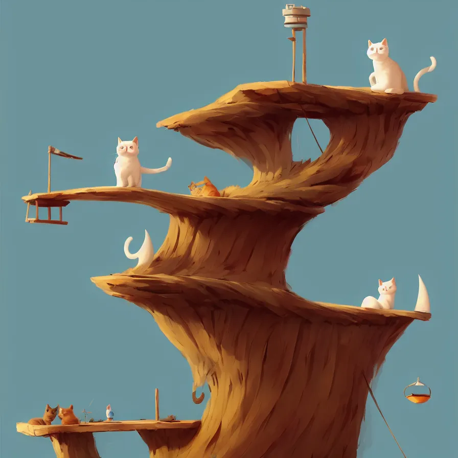 Prompt: a cat on top of a piece of wood, sailing down a river, art by Goro Fujita, ilustration, concept art, sharp focus, ArtStation, Deviantart