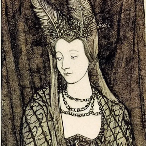 Image similar to Anne Boleyn transforming into a bird, avian, feathers, she is sad, in the style of Arthur Rackham