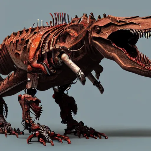 Image similar to a character art rendering of a robot T-rex made of mechanical parts, cartoonish psychedelic paleoart rendering, realistic dinosaur cyborg in the style of greg rutkowski, made with zbrush