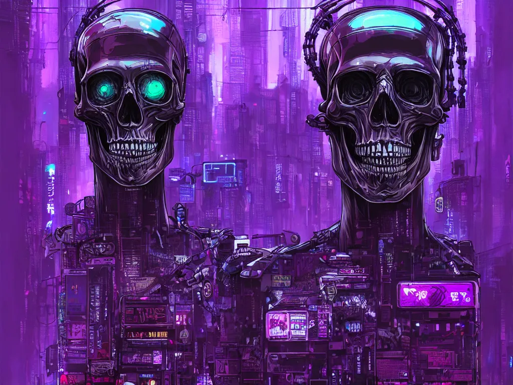 Image similar to high detailed dead android skull in a cyberpunk rainy city at night by Josan Gonzalez, purple and blue neons, unreal engine, high quality, 4K, UHD, trending on ArtStation, wires, blade runner vibes, ghost in the shell, akira, dorohedoro