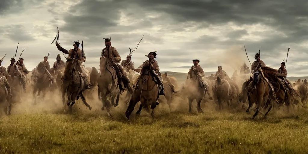 Image similar to promotional movie still rendered in octane, of an action shot from the battle of little bighorn, custer's last stand, majestic horses and their riders, desperate action heading towards the offset center of the scene, dramatic hdr natural light, cinematic lighting, extremely high detail, photorealistic, imax 7 0 mm, iso 4 0 0, 8 k, 4 k, hq