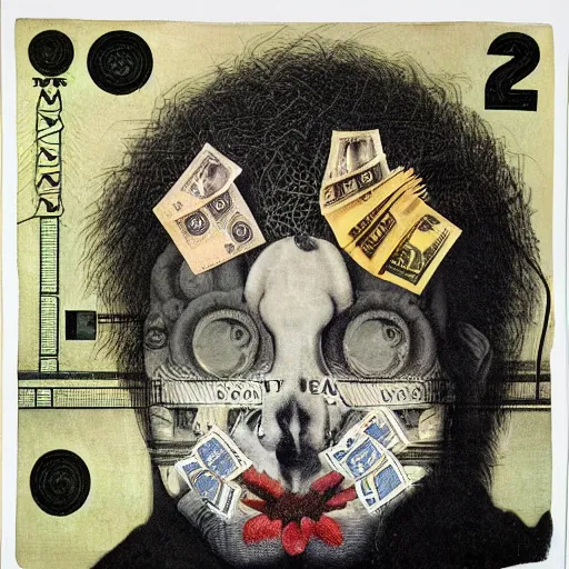 Image similar to post - punk new age album cover, asymmetrical design, dollar bank notes, capitalism, magic, apocalypse, psychedelic, black white pink, magic, giger h. r., giuseppe arcimboldo