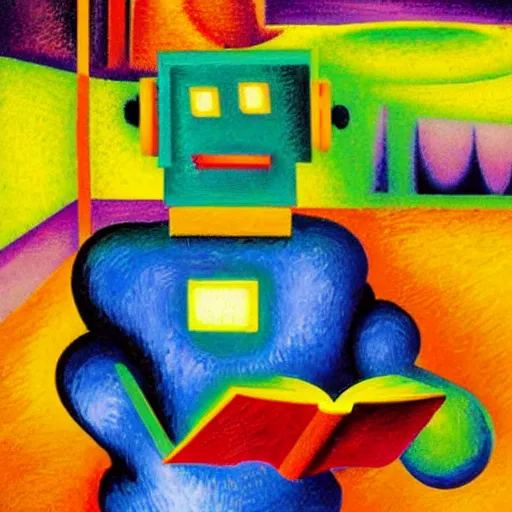 Prompt: A robot reading a book in a park, winter evening, lights, colorful, in the style of Umberto Boccioni