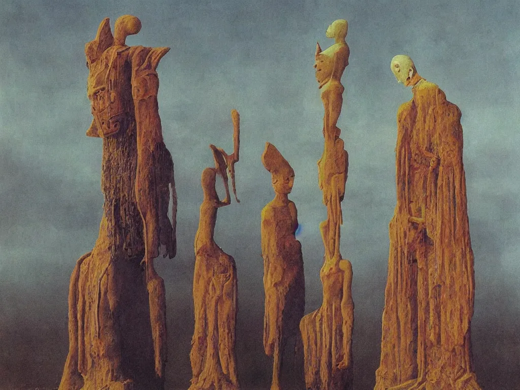 Image similar to Albino mystic with his back turned, looking in the distance at giant totemic archaic sculpture mask temple made from Lapis Lazuli. Painting by Jan van Eyck, Beksinski, Rene Magritte, Agnes Pelton, Max Ernst, Walton Ford