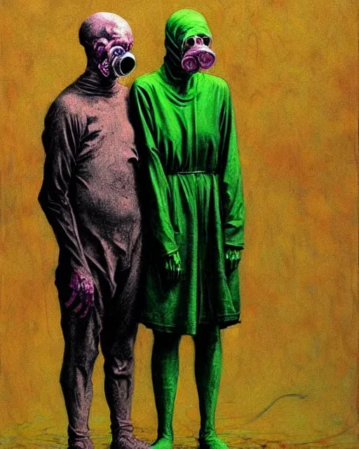 Prompt: two skinny old people with extra limbs, wearing gas masks, bodies wrapped in robes of gold, green and pink, during a biohazard apocalypse, cinematic, dystopian, eerie, horror, gothic, highly detailed painting by Francis Bacon, Beksinski, Esao Andrews, !!!Edward Hopper!!! surrealism, art by Takato Yamamoto and !!!James Jean!!!