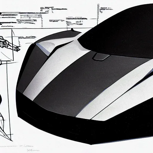 Prompt: concept art blueprint the dark knight batmobile influenced by halo