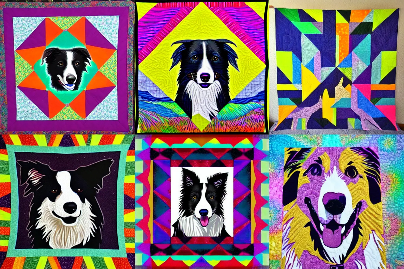 Prompt: border collie wall quilt, psychedelic colors